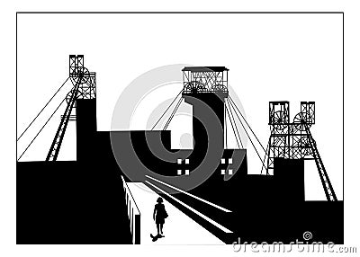 A woman walking on a bridge in industrial town with coal mining structural headframes above mine shaft. Vector Illustration